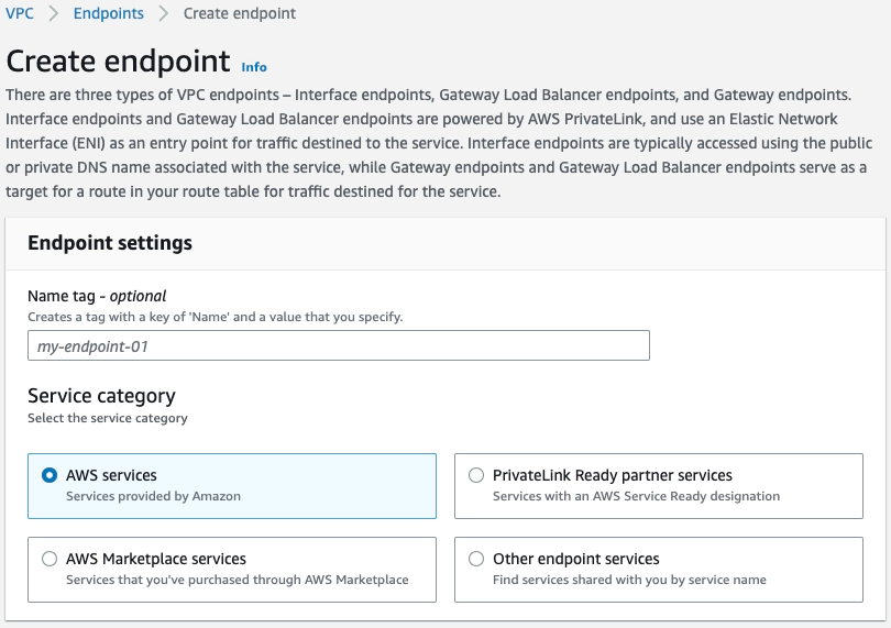 criar um endpoint VPC de interface